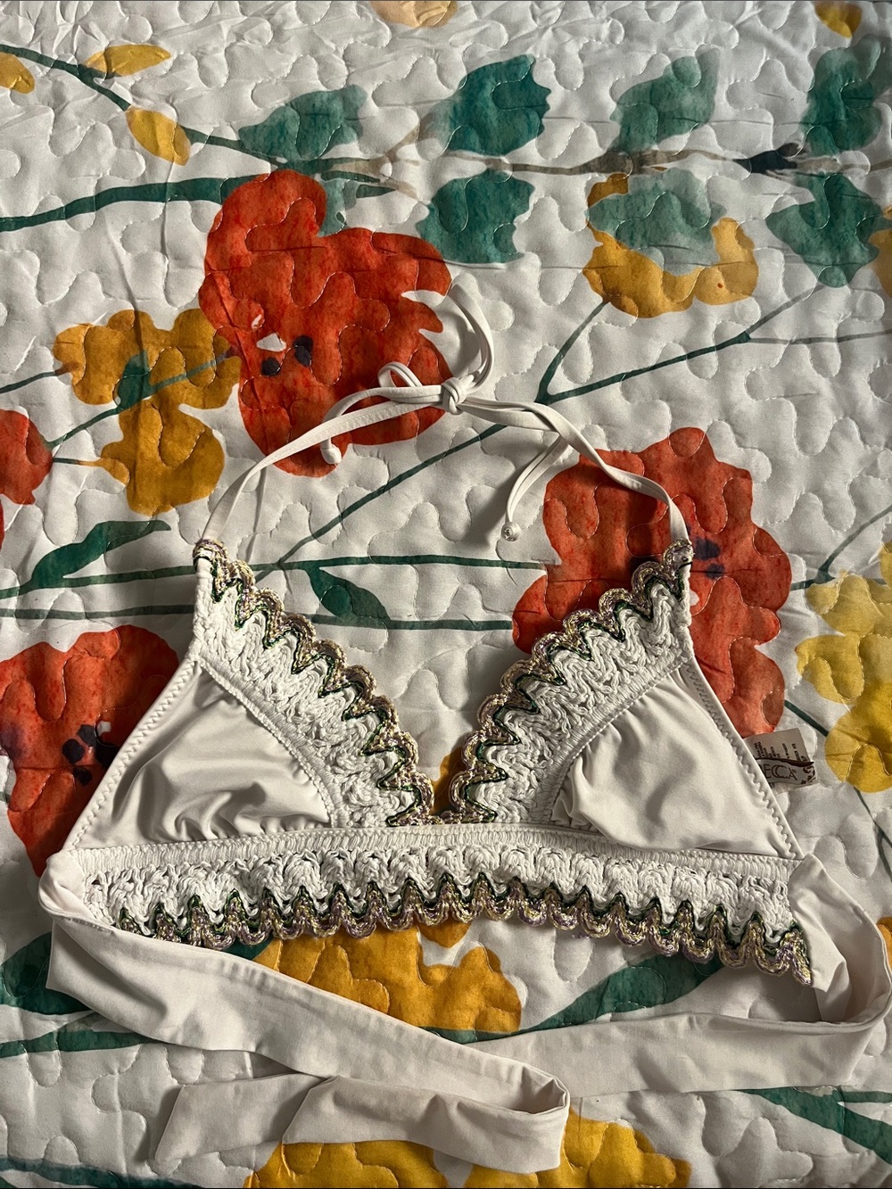 BECCA Cream Crochet-Trim Halter Bikini Top